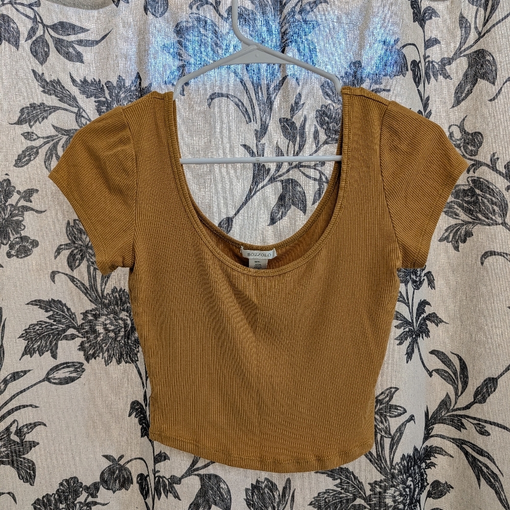 Bozzolo Brand - Muted Yellow Ribbed Off the Shoulder Crop Top - Size Small